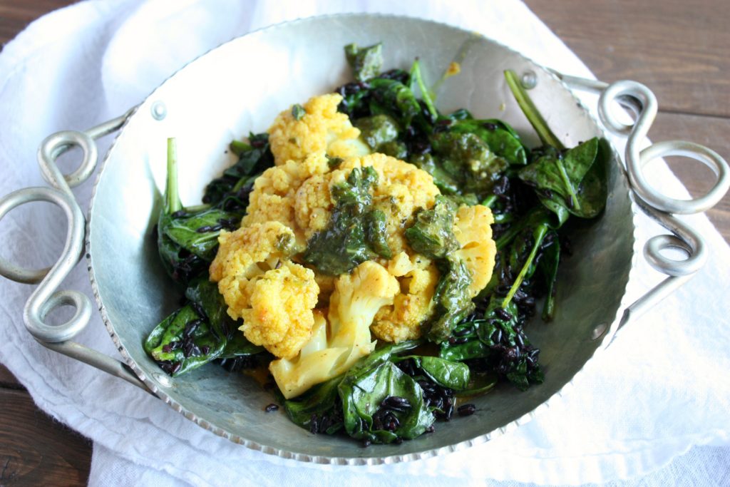 Braised Tandoori Cauliflower with Spinach Rice & Cilantro-Mint Chutney