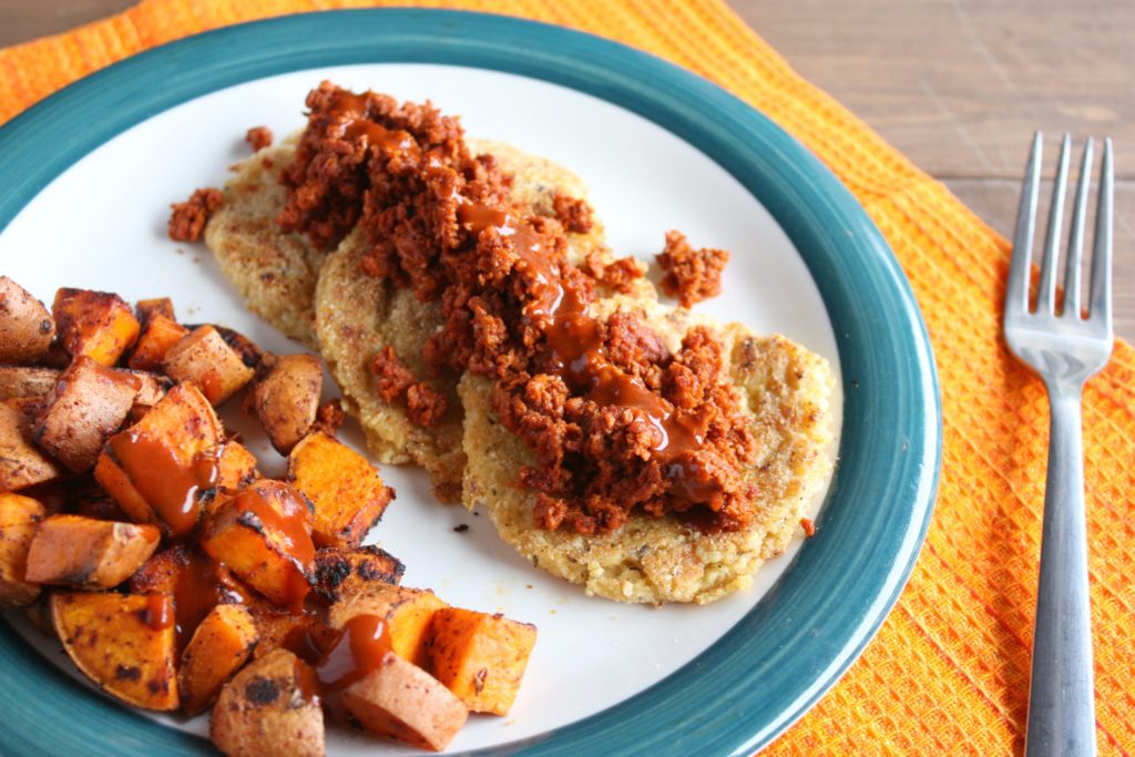 Spicy Chorizo Grit Cakes with Savory Breakfast Sweet Potatoes