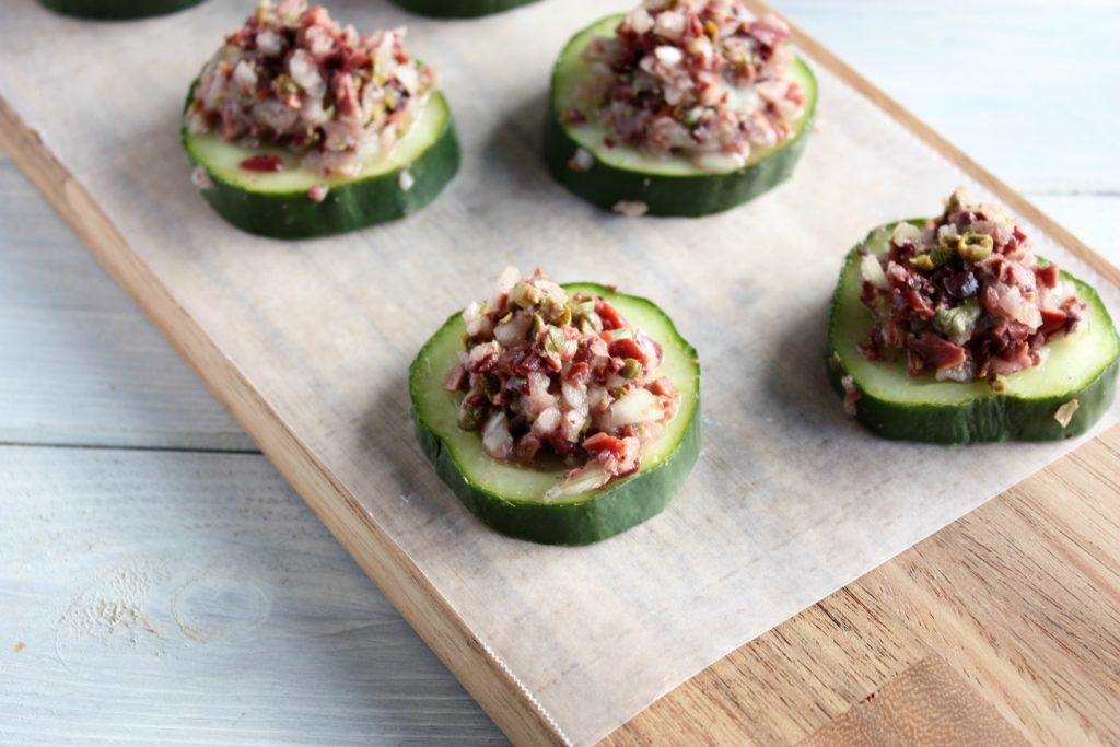 Summery Olive Tapenade on Cool Cucumber Slices